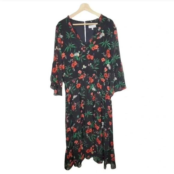 {Gibson Latimer} Chiffon Floral Long Sleeve Red Green Black Maxi Dress - Picture 1 of 16